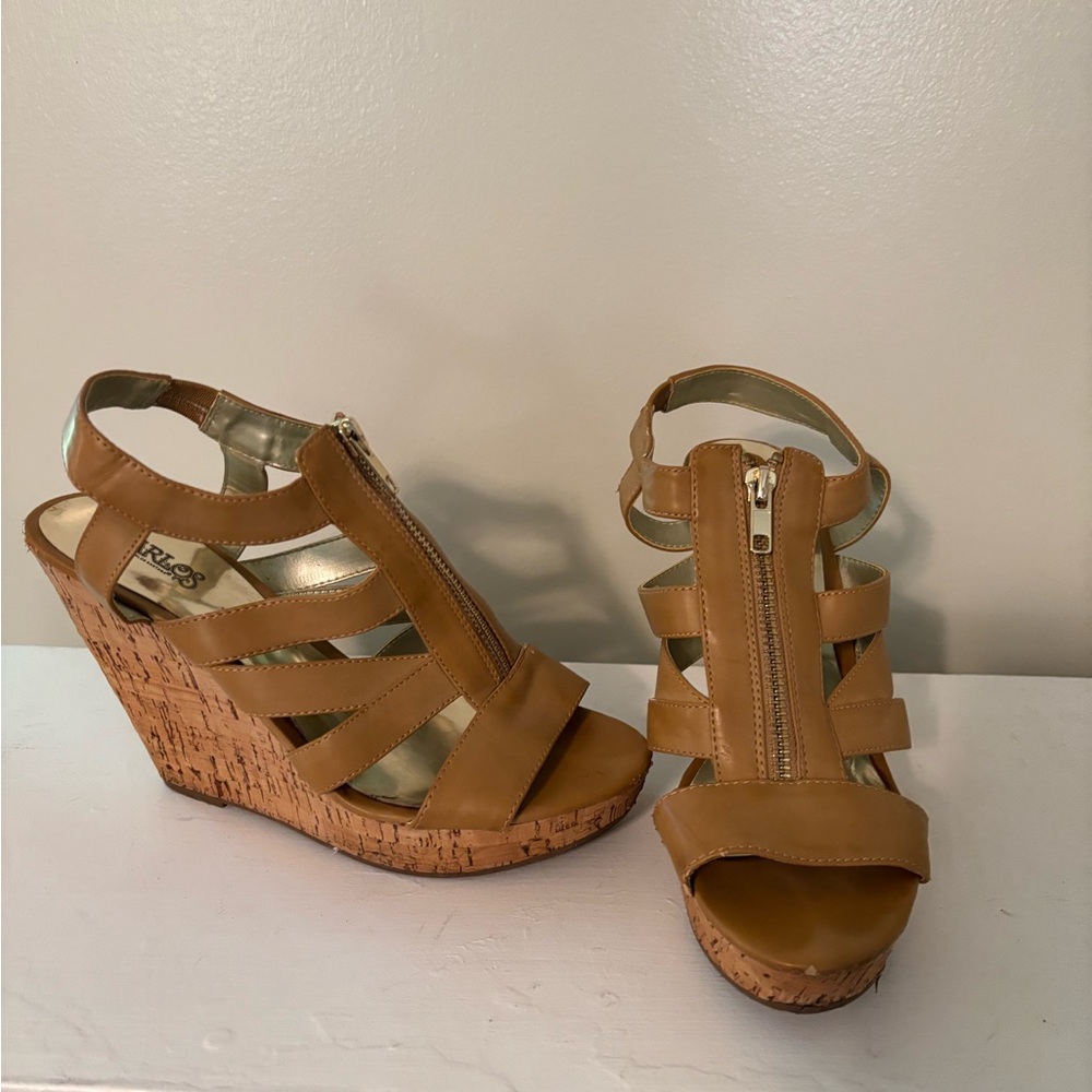 SOLD - Carlos Santana Tan Wedges Strappy Cork Heel